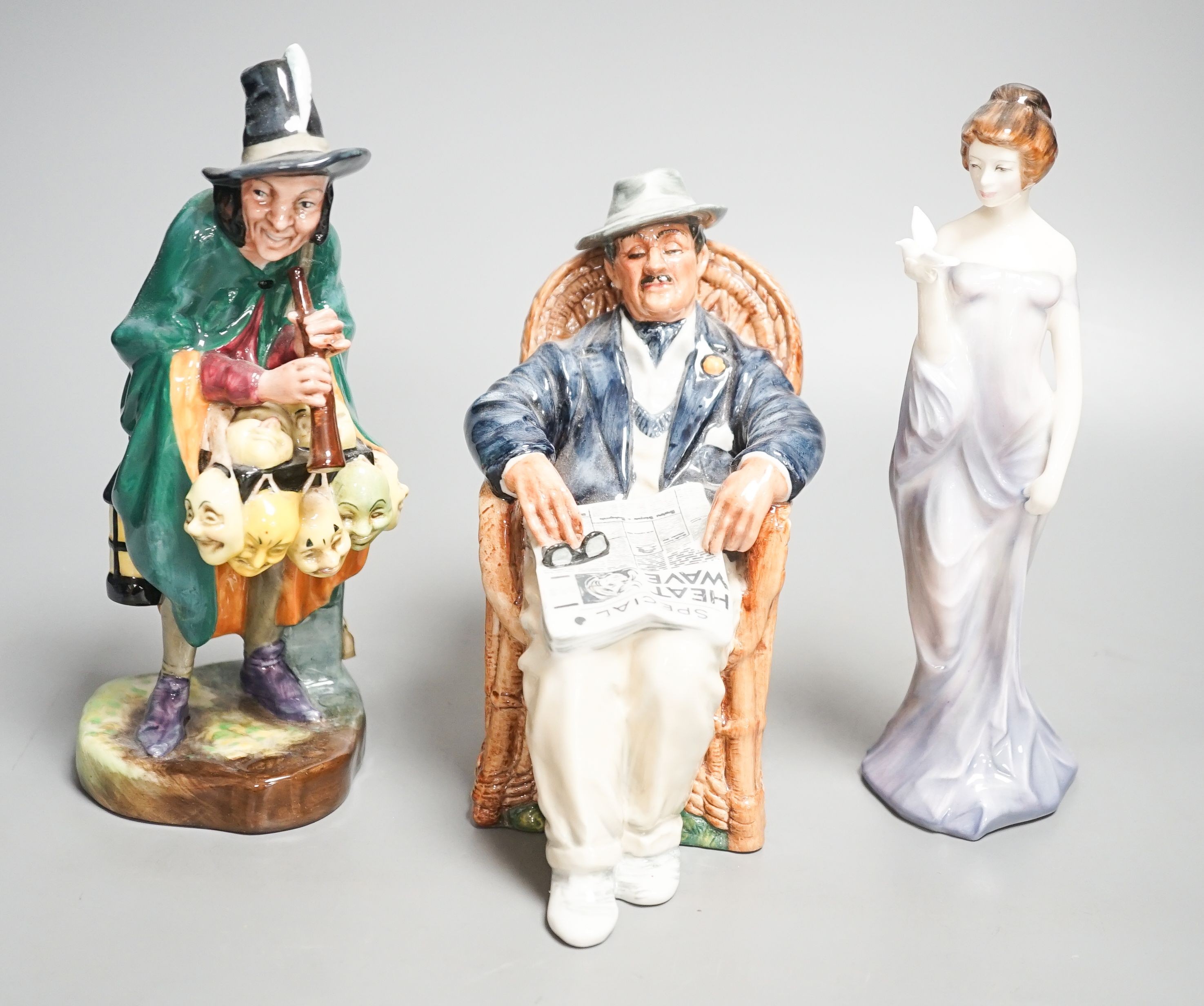Three Royal Doulton figures, Harmony, Taking Things Easy, The Mask Seller